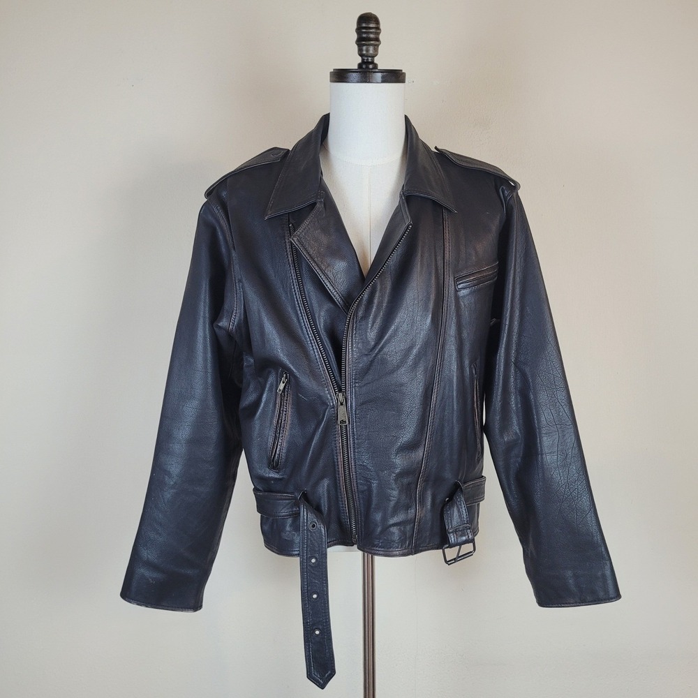 Badge Leather Jacket Mens Large Black Distressed Belted Moto Biker Asymmetrical - Picture 2 of 14